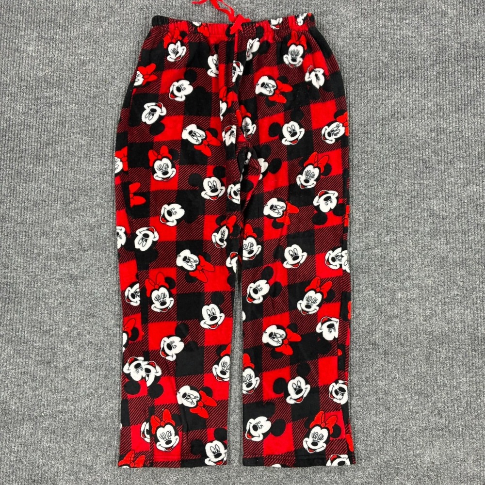 Disney Mickey Minnie Pajama Pants Womens Size 1X Red Black Plush Fleece Plaid - Picture 1 of 9